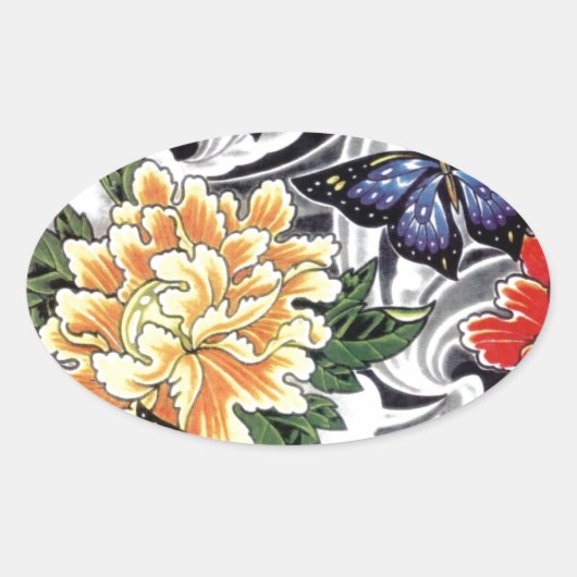 Ontwerp van geel Tattoo met pony en Butterfly Ovale Sticker (Voorkant)