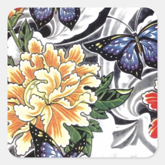 Ontwerp van geel Tattoo met pony en Butterfly Vierkante Sticker (Voorkant)