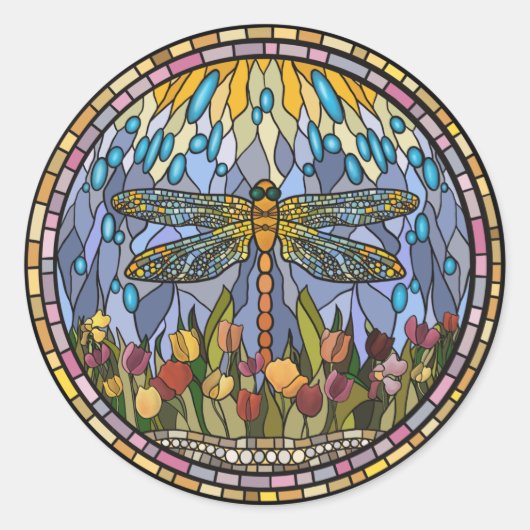 Ontwerp van Glas in lood met een Dragonfly Classic Ronde Sticker (Voorkant)