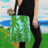 Ontwerp van groene en blauwe palmbomen tote bag