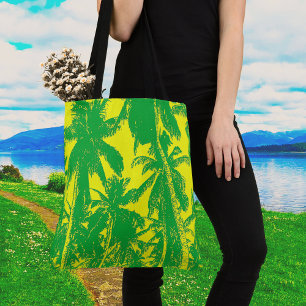Ontwerp van groene en gele handpalmen tote bag