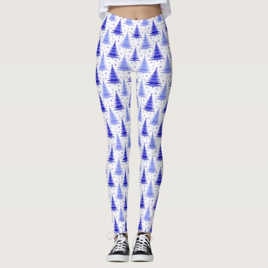 Ontwerp van het kerstboomblauw Periwinkle-patroon Leggings (Voorkant)