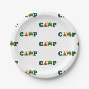 Ontwerp van het klapkamp met tent en bomen papieren bordje