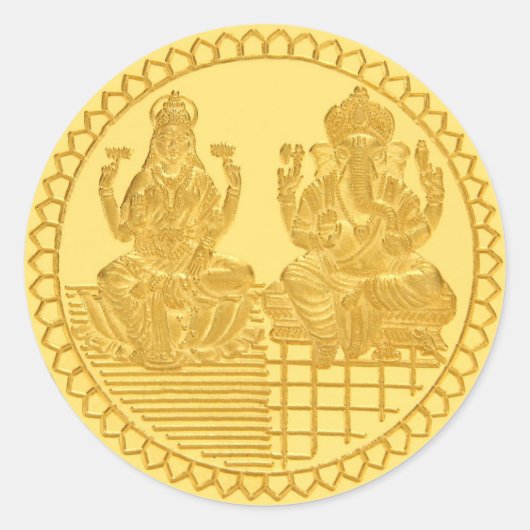 ONTWERP VAN LAKSHMI- EN GANESH GOLD-MUNTEN RONDE STICKER (Voorkant)