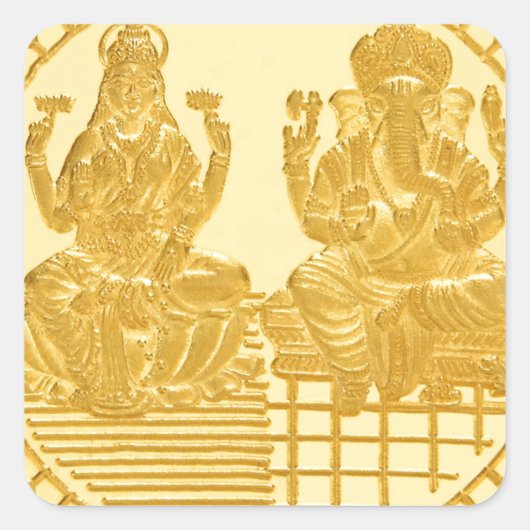 ONTWERP VAN LAKSHMI- EN GANESH GOLD-MUNTEN VIERKANTE STICKER (Voorkant)