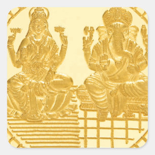 ONTWERP VAN LAKSHMI- EN GANESH GOLD-MUNTEN VIERKANTE STICKER