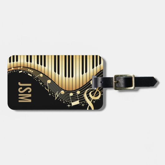 Ontwerp van Monogram Elegant Black en Gold Muziekn Bagagelabel (Voorkant horizontaal)