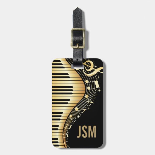 Ontwerp van Monogram Elegant Black en Gold Muziekn Bagagelabel (Voorkant verticaal)