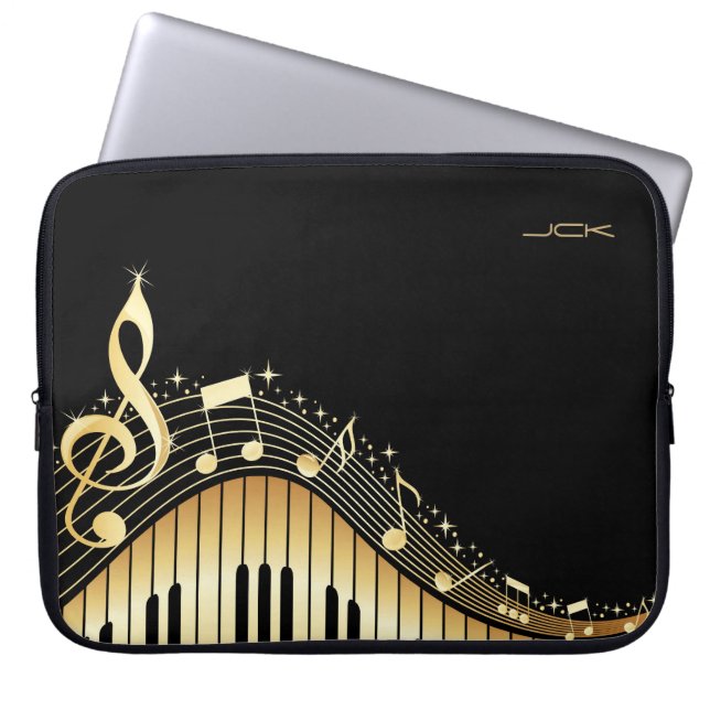 Ontwerp van Monogram Elegant Black en Gold Muziekn Laptop Sleeve (Voorkant)