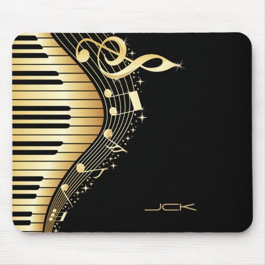 Ontwerp van Monogram Elegant Black en Gold Muziekn Muismat (Voorkant)