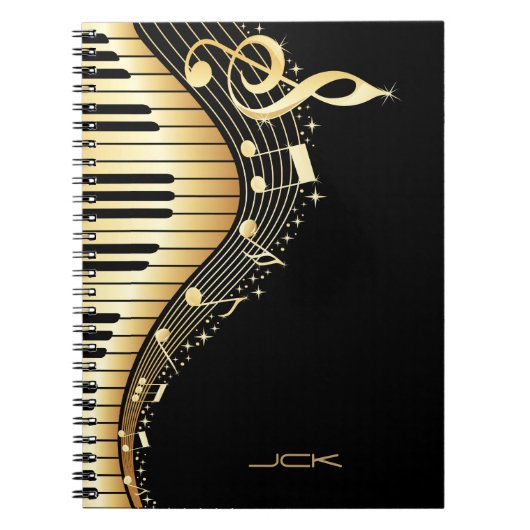 Ontwerp van Monogram Elegant Black en Gold Muziekn Notitieboek (Voorkant)