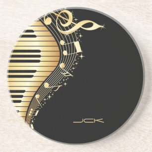 Ontwerp van Monogram Elegant Black en Gold Muziekn Zandsteen Onderzetter