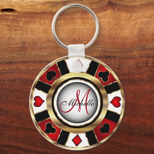 Ontwerp van Red and Gold Poker-chipset - Monogram Sleutelhanger (Voorkant)
