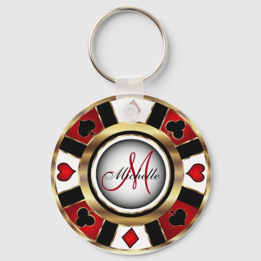 Ontwerp van Red and Gold Poker-chipset - Monogram Sleutelhanger (Achterkant)