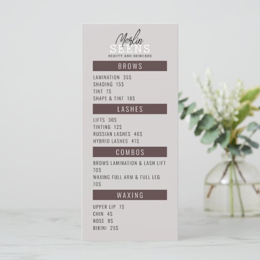 Ontwerp van schoonheidssalon behandelmenu menu (Staand voorkant)