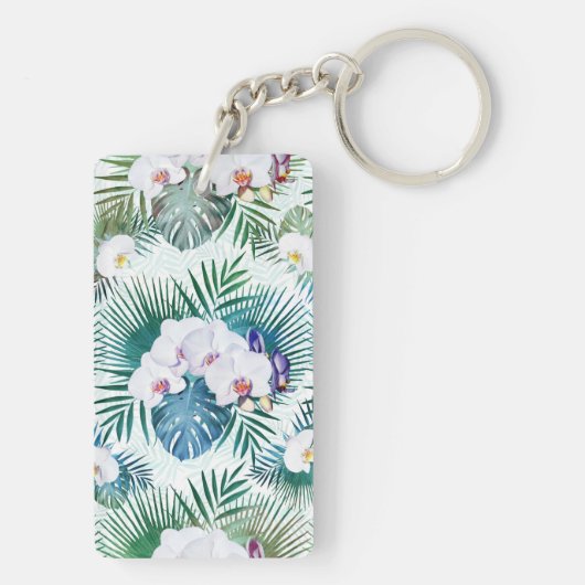 Ontwerp van tropische bladeren en orchidebloemen sleutelhanger (achterkant)