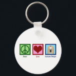 Ontwerp van vredesliefdeskostuum sleutelhanger<br><div class="desc">Peace Love Costume Design. Een schattig designer cadeau voor iemand die in een film of theater werkt om kleding te zoeken voor de acteurs op het spel.</div>
