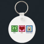 Ontwerp van vredesliefdeskostuum sleutelhanger<br><div class="desc">Peace Love Costume Design. Een schattig designer cadeau voor iemand die in een film of theater werkt om kleding te zoeken voor de acteurs op het spel.</div>
