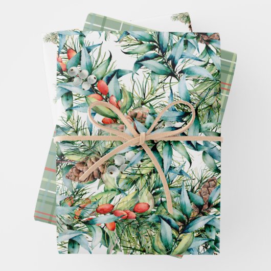 ontwerp van winterolijven en pijnbomen  inpakpapier vel (In situ)