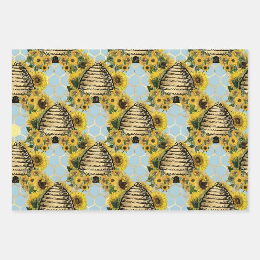 Ontwerp vier van de zonnebloem- en bijenreeks inpakpapier vel (Voorkant)