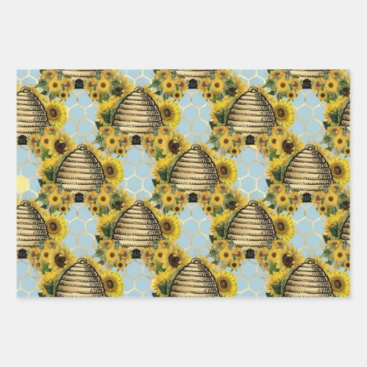 Ontwerp vijf zonnebloem- en bijenreeksen inpakpapier vel (Voorkant 3)