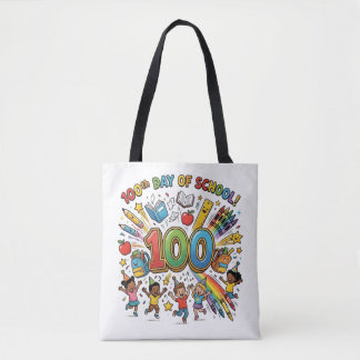 Ontwerp voor kleurrijke viering van de 100e school tote bag
