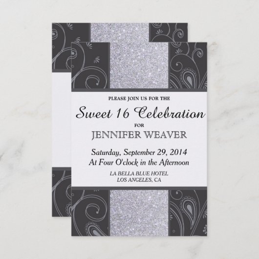 Ontwerp voor zwart en zilver Glitter en Swirls Kaart (Voorkant / Achterkant)