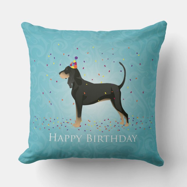 Ontwerp voor zwarte en Tan Coonhound Happy Birthda Kussen (Voorkant)