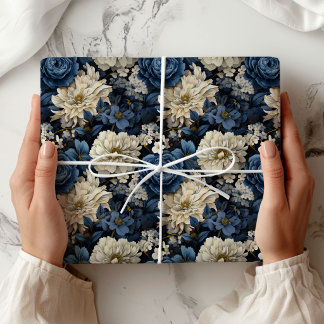 Ontwerper Blauwe Ivoren Bloemrijke Elegante Inpakp Cadeaupapier