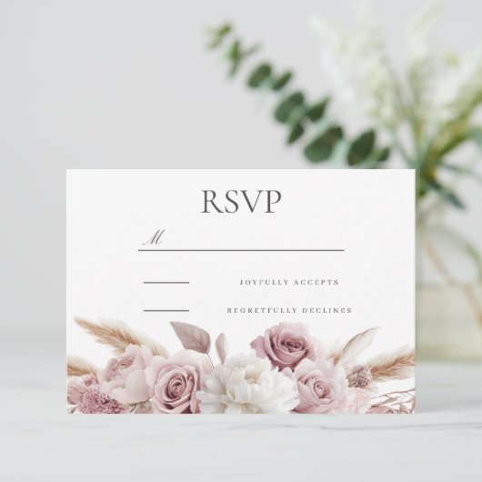 Ontwerper Boho Blush Bloemen Huwelijk RSVP Kaartje (Staand voorkant)