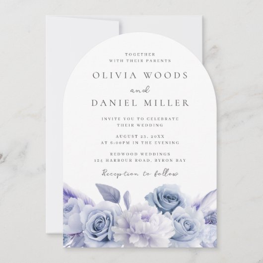 Ontwerper Boog Stof Blauw Bloem Bruiloft Kaart (Voorkant)