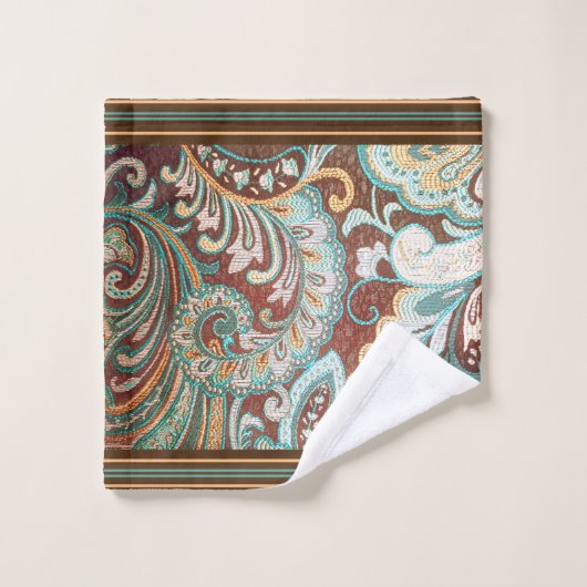 Ontwerper Brocade in bruin, Blauwgroen en goud Bad Handdoek (Wasdoekje)