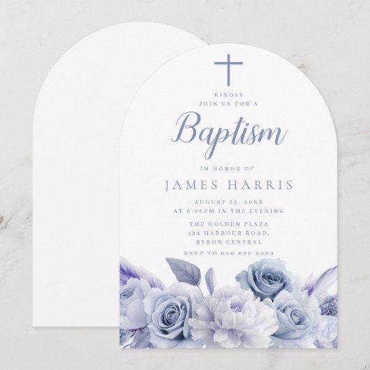 Ontwerper Dusty Blue Floral Boy of Meisje Doop Kaart (Voorkant / Achterkant)