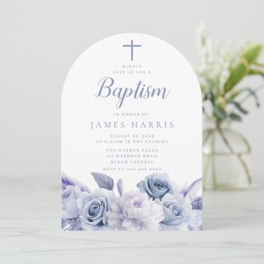 Ontwerper Dusty Blue Floral Boy of Meisje Doop Kaart (Staand voorkant)