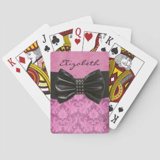 Ontwerper Elegant Damask roze met Black Bow Art Pokerkaarten