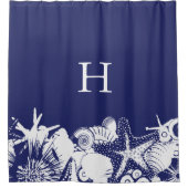 Ontwerper Marine Blauw & Wit Artsy Seashells Beach Douchegordijn (Voorkant)