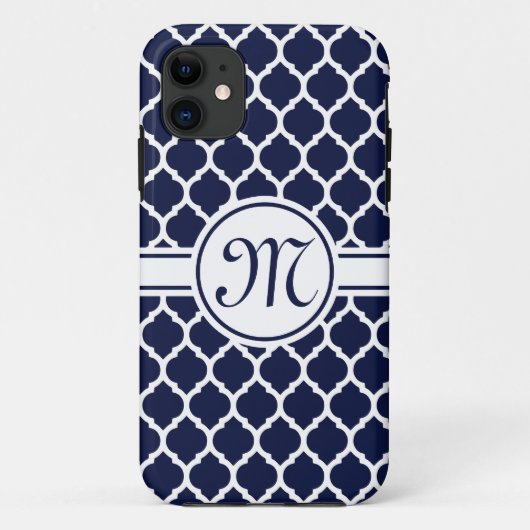 Ontwerper Navy Monogrammed Moroccan Lattice Patter Case-Mate iPhone Case (Achterkant)