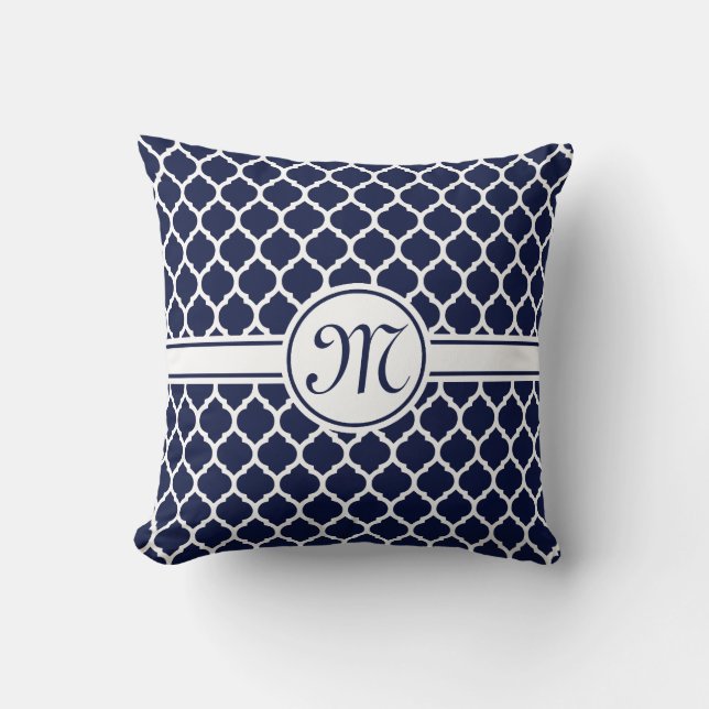 Ontwerper Navy Monogrammed Moroccan Lattice Patter Kussen (Voorkant)