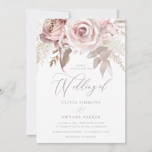 Ontwerper Stoffig Roos & Blush Elegance Bruiloft Kaart (Voorkant)