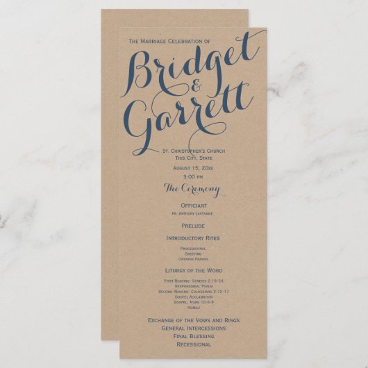 Ontwerper Tekst Trouwprogramma Kraft Look Programmakaart (Voorkant / Achterkant)