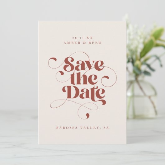 Ontwerpfoto van de moderne Terracotta van het Manu Save The Date (Staand voorkant)