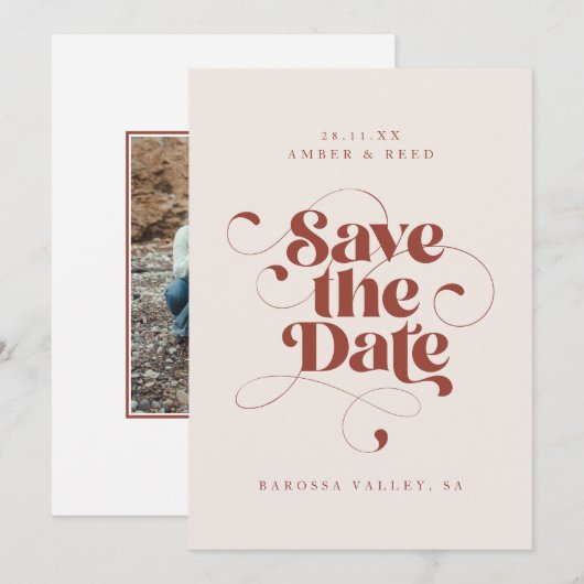 Ontwerpfoto van de moderne Terracotta van het Manu Save The Date (Voorkant / Achterkant)