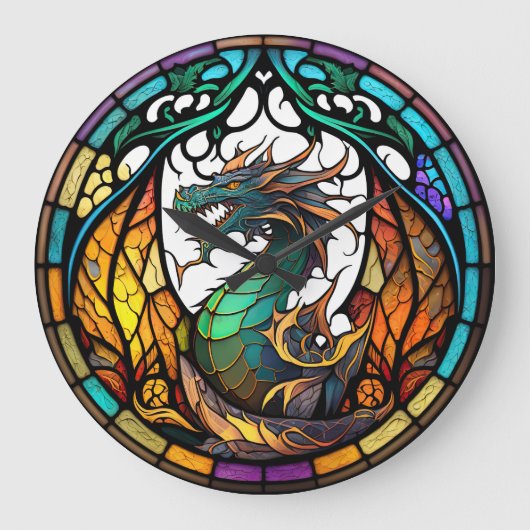 Ontwerpklok Glas in lood dragon Grote Klok (Voorkant)