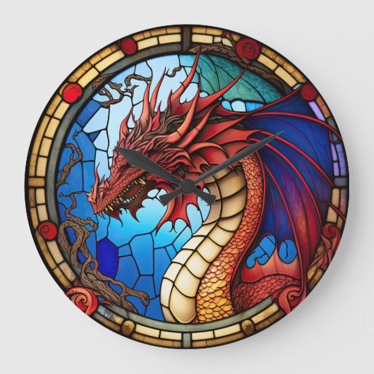 Ontwerpklok Glas in lood dragon Grote Klok (Voorkant)