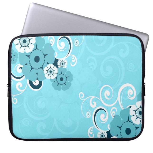 Ontwerplaptophoes:Floral-patroon blauwe cirkels Laptop Sleeve (Voorkant)