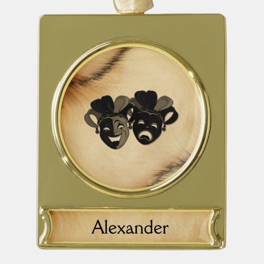 Ontwerpnaam voor Robuuste komedie en tragedie Verguld Banner Ornament (Voorkant)