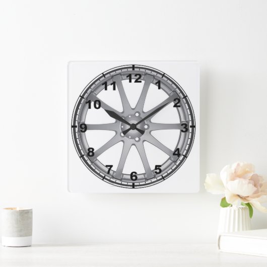 Ontwerpwandklokken "Zilver Alloy Wheel" Vierkante Klok (Huis)