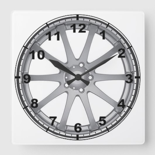 Ontwerpwandklokken "Zilver Alloy Wheel" Vierkante Klok (Voorkant)