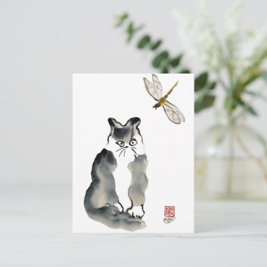 Onverteerbare Insect [libellen] en Grijze Kitten Briefkaart (Staand voorkant)
