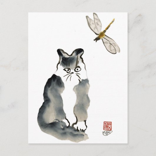 Onverteerbare Insect [libellen] en Grijze Kitten Briefkaart (Voorkant)